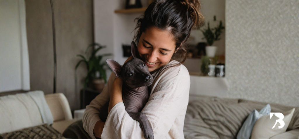 Perro peruano sin pelo recibiendo cuidados y alimentación natural