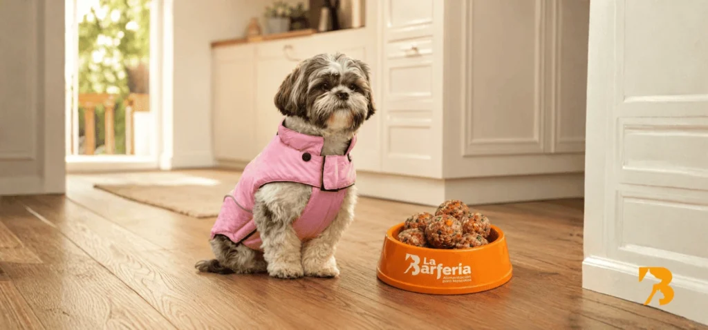 Perro comiendo alimentación natural para fortalecer sus defensas en invierno