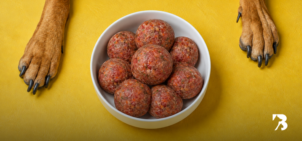Plato con albóndigas de carne cruda para alimentación BARF de perros
