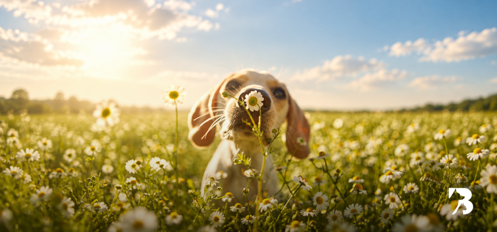 Cachorro de perro oliendo una margarita en un campo de flores bajo la luz cálida del atardecer.